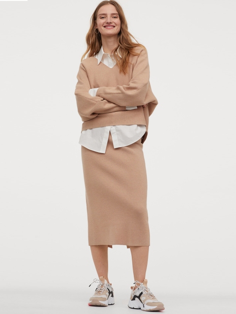

H&M Women Beige Fine-Knit Skirt