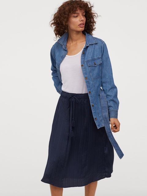 

H&M Women Navy Blue Pleated Satin Skirt