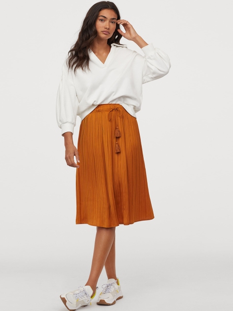 

H&M Women Yellow Pleated satin skirt