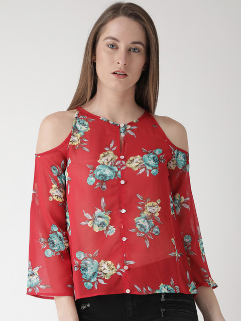 

The Vanca Women Red Floral Print Cold Shoulder Top