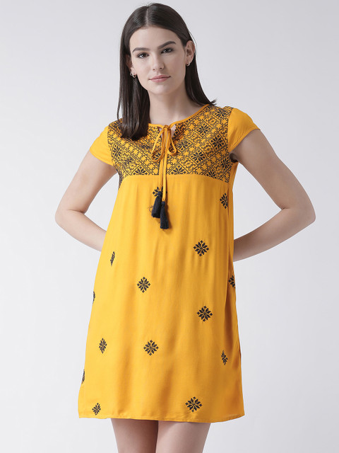 

The Vanca Women Mustard Yellow Embroidered A-Line Dress