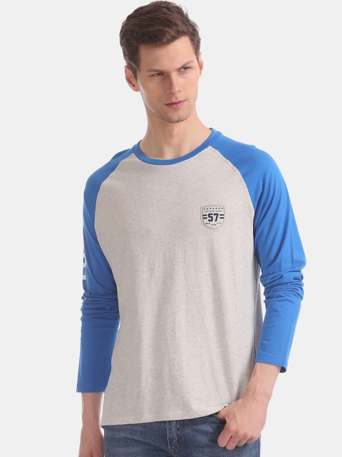 

Colt Men Grey Melange & Blue Colourblocked Round Neck T-shirt