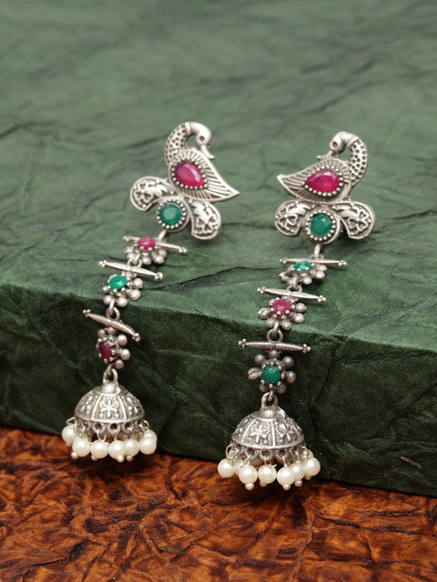 

PANASH Silver-Plated & Pink Oxidised Peacock Shaped Drop Earrings