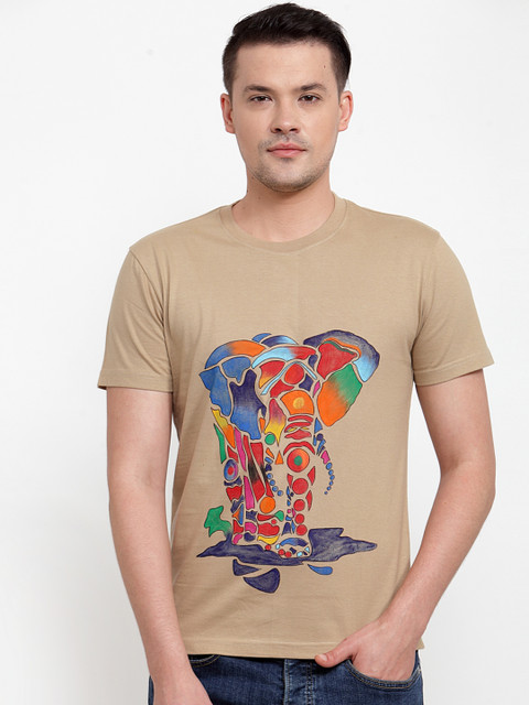 

RANGRAGE Men Beige Hand Painted Elephant Print Round Neck T-shirt