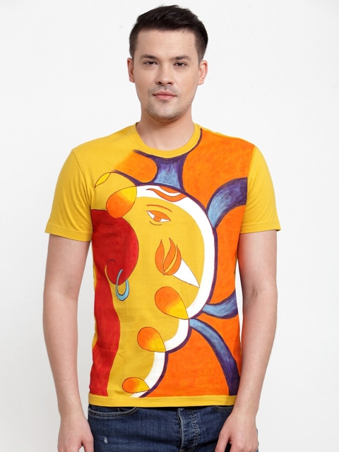 

RANGRAGE Men Yellow & Orange Hand painted Graphic Print Round Neck T-shirt