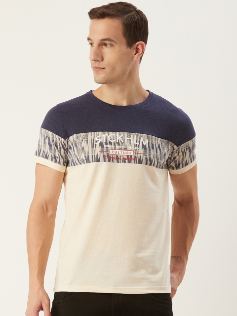 

CONFIDENCE Men Cream-Coloured & Navy Blue Colourblocked Slim Fit T-shirt