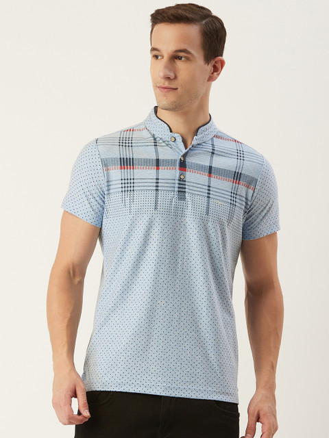 

CONFIDENCE Men Blue & Black Printed Slim Fit Stand Collar T-shirt
