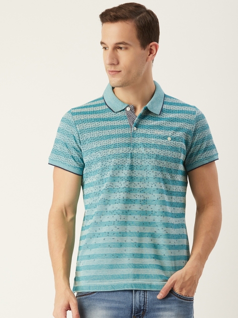 

CONFIDENCE Men Sea Green & Off-White Striped Slim Fit Polo Collar T-shirt