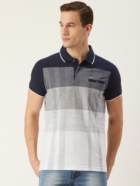 

CONFIDENCE Men Off-White & Navy Self Design Slim Fit Polo Collar T-shirt