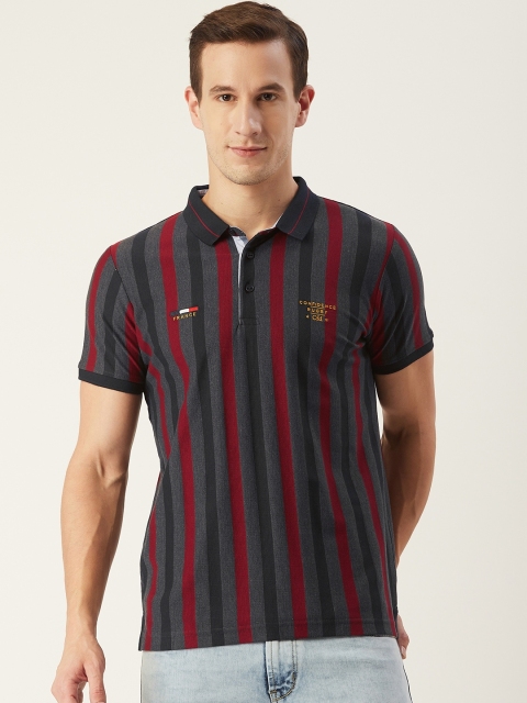 

CONFIDENCE Men Red & Charcoal Grey Slim Fit Striped Polo Collar T-shirt