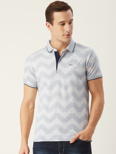 

CONFIDENCE Men Off-White & Navy Printed Polo Collar T-shirt