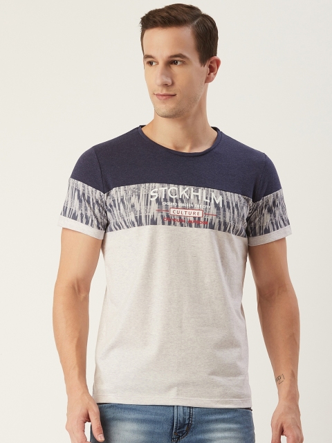 

CONFIDENCE Men Off-White & Navy Colourblocked Round Neck T-shirt