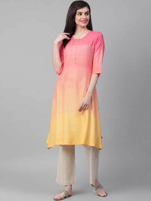 

Shree Women Coral Pink & Yellow Ombre Dyed A-Line Kurta