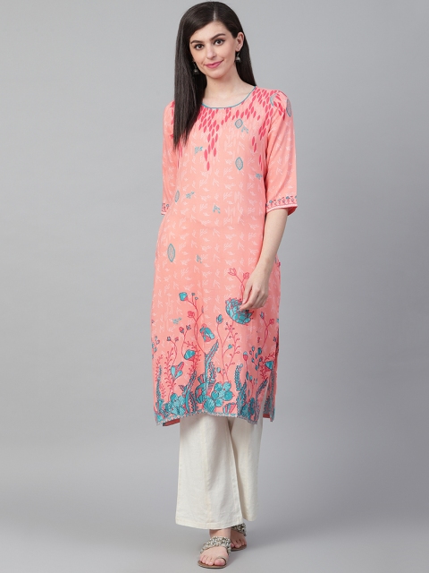 

Shree Women Coral Pink Printed Straight Kurta