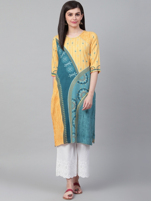 

Shree Women Mustard Yellow & Teal Blue Ethnic Printed Straight Kurta