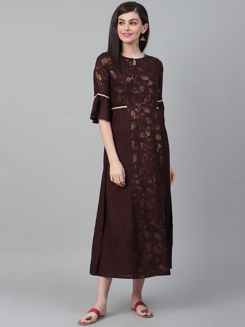 

Shree Women Coffee Brown & Golden Ethnic Printed Maxi Dress