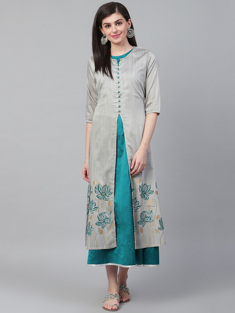 

Shree Women Grey & Teal Blue Floral Printed Layered Maxi Dress