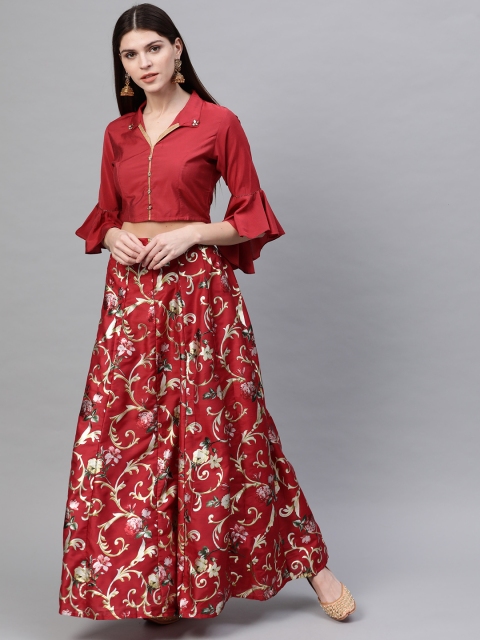 

Shree Women Rust Red & Off-White Solid Top with Floral Print Skirt