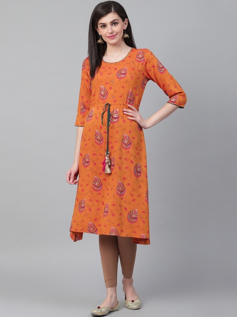 

Shree Women Rust Orange & Pink Ethnic Printed Asymmetric A-Line Kurta