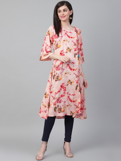 

Shree Women Peach-Coloured & Coral Printed Asymmetric A-Line Kurta