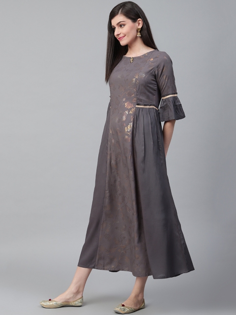 

Shree Women Charcoal Grey & Golden Printed Maxi Dress