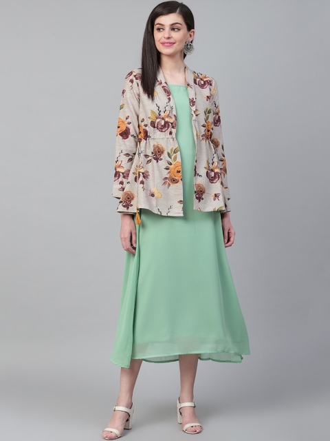 

Shree Women Green Solid Maxi Dress With Printed Jacket