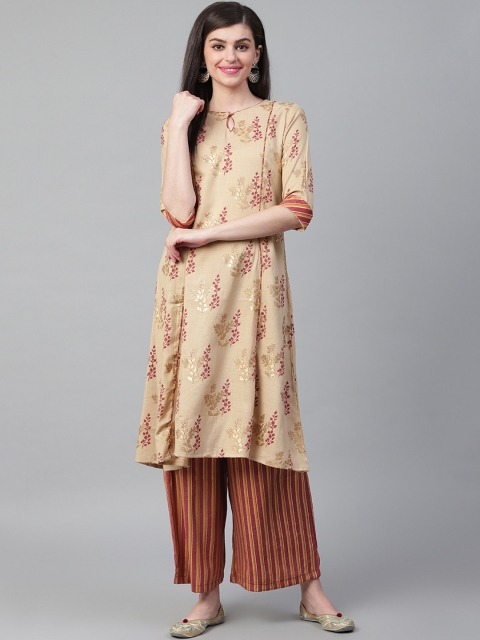 

Shree Women Beige & Maroon Printed Kurta with Palazzos