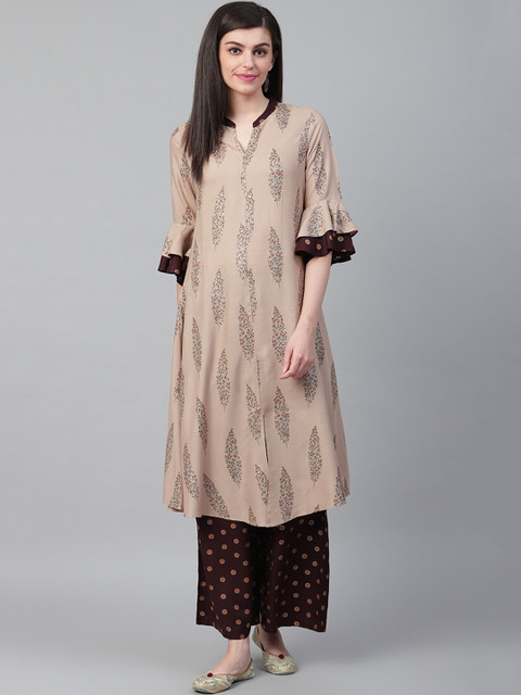 

Shree Women Beige & Brown Printed Kurta with Palazzos