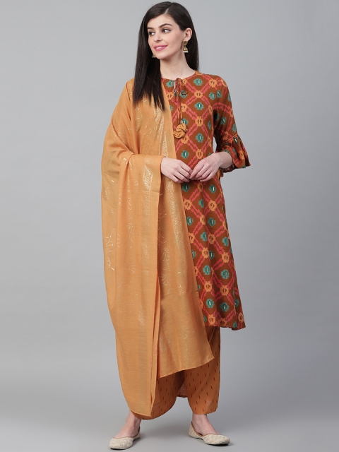 

Shree Women Rust Brown & Beige Ikat Printed Kurta with Palazzos & Dupatta