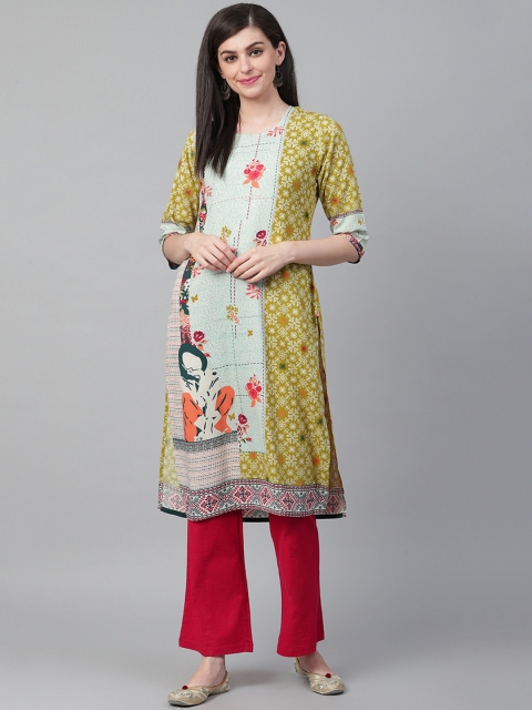 

Shree Women Mustard Yellow & Blue Printed Straight Kurta
