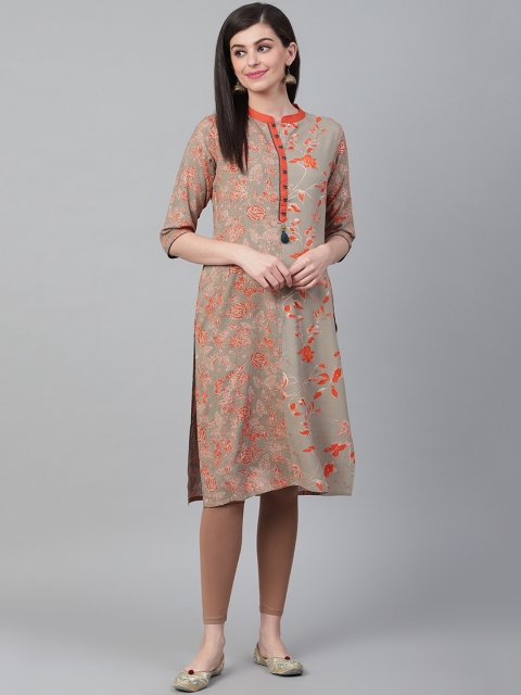 

Shree Women Grey & Orange Floral Print Straight Kurta