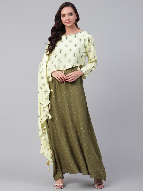 

Shree Women Olive Green & Yellow Printed Layered Maxi Dress