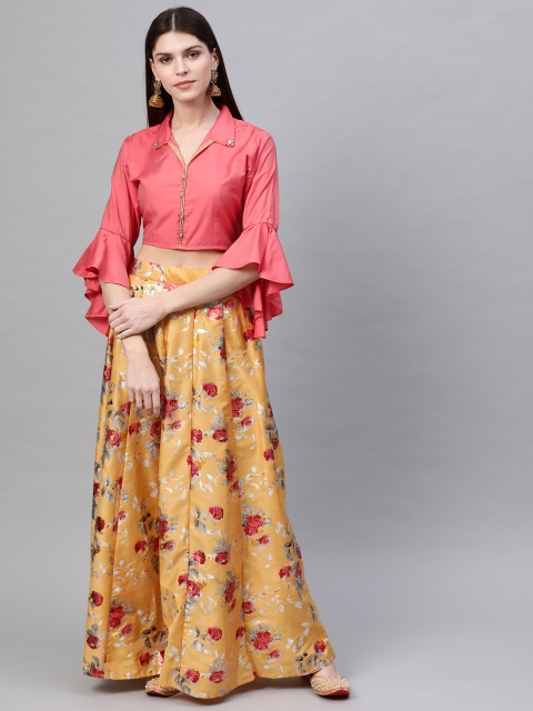 

Shree Women Yellow & Coral Pink Solid Top with Floral Print Skirt