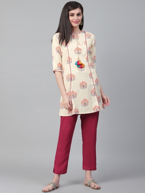 

Shree Women Cream-Coloured & Burgundy Printed Kurti with Trousers