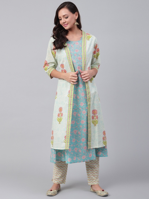 

Shree Women Blue & Off-White Printed Kurta with Trousers & Ethnic Jacket