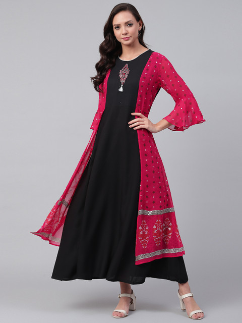 

Shree Women Black & Fuschia Printed Layered Maxi Dress