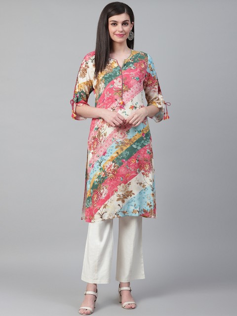

Shree Women Pink & Blue Floral Print Straight Kurta