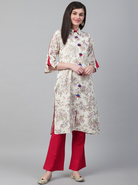 

Shree Women Beige & Green Floral Print Straight Kurta