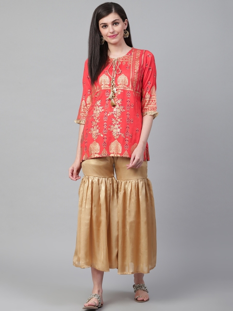 

Shree Women Coral Orange & Golden Printed Kurti with Cropped Sharara