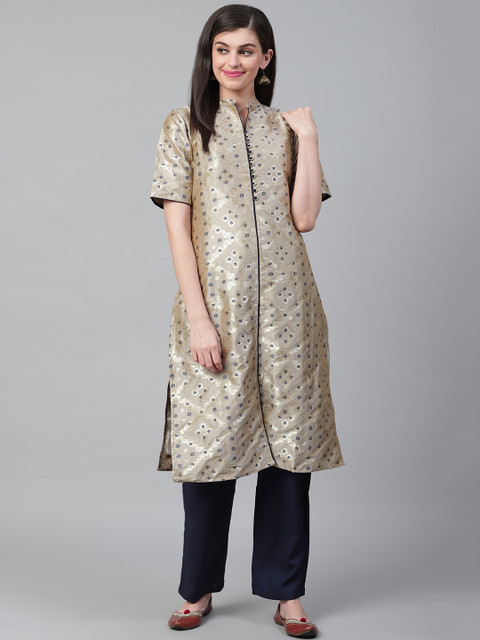 

Shree Women Taupe & Navy Blue Self-Design Kurta with Trousers
