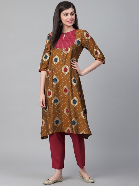 

Shree Women Olive Brown & Maroon Printed Kurta with Trousers