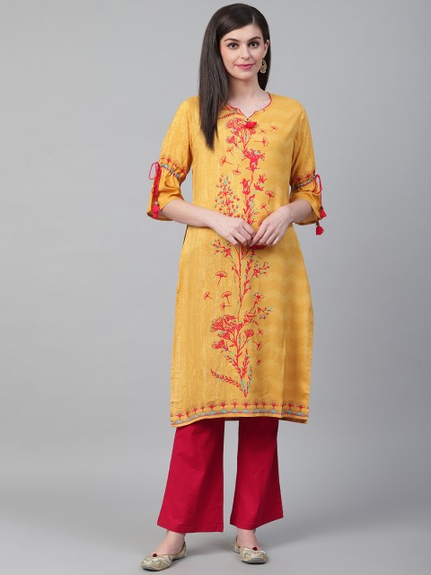 

Shree Women Mustard Yellow & Red Floral Printed Straight Kurta