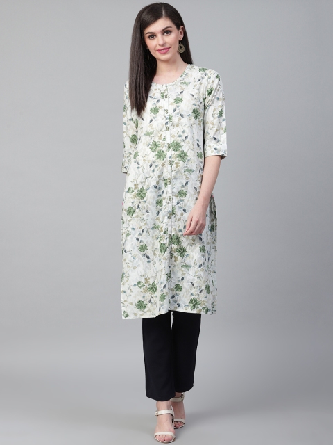 

Shree Women Off-White & Green Floral Printed Straight Kurta