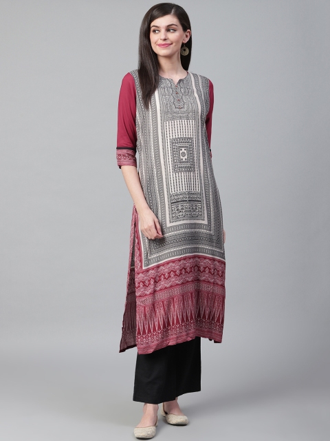

Shree Women Off-White & Maroon Printed Straight Kurta