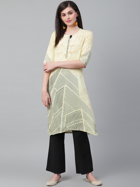 

Shree Women Light Yellow & Black Printed Straight Kurta