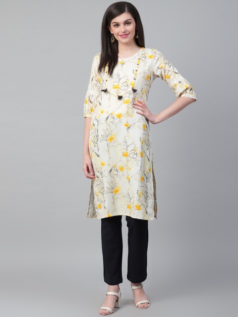 

Shree Women Off-White & Yellow Floral Printed Straight Kurta