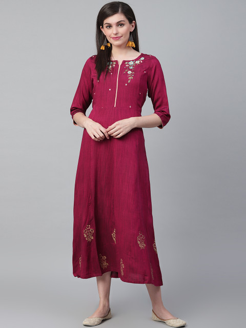 

Shree Women Maroon Solid Maxi Dress with Embroidered Detail
