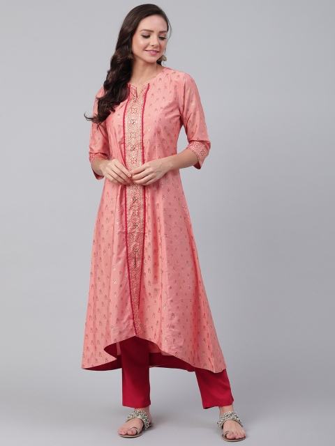 

Shree Women Coral Pink & Red Printed Kurta with Trousers