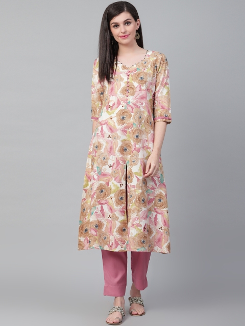 

Shree Women Brown & Pink Floral Printed Kurta with Trousers, White