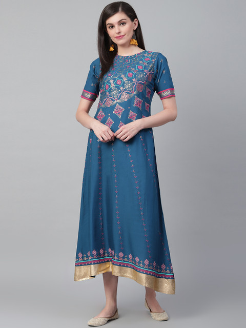 

Shree Women Teal Blue & Pink Printed Asymmetric Maxi Dress